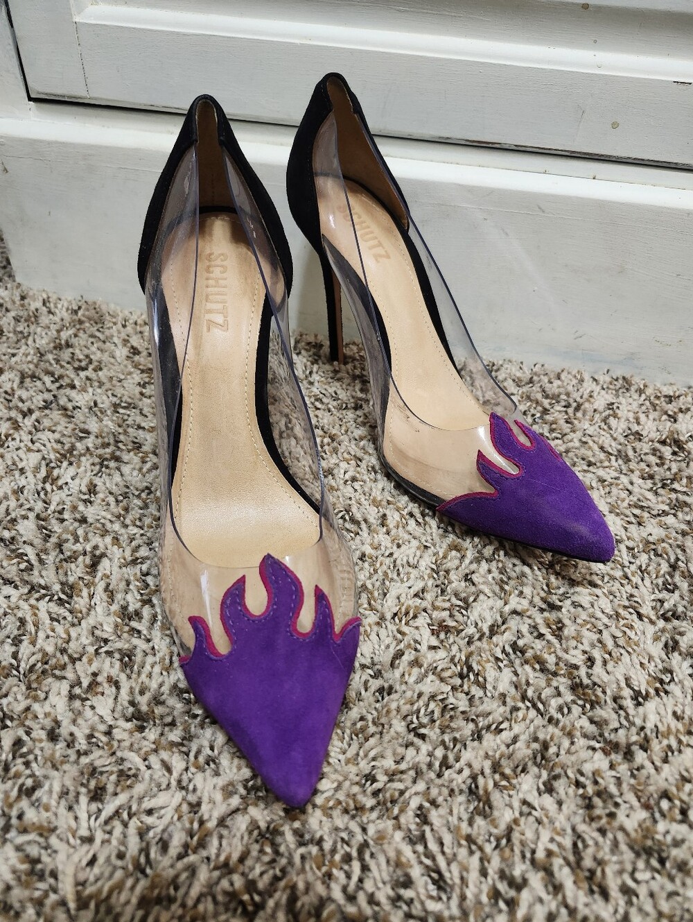 Schutz Fire Planes Purple Suede Pointed Toe Clear Panel Pumps 8.5
